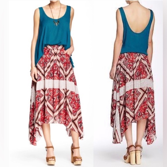 FREE PEOPLE Paradise Midi Handkerchief Skirt Pimento Combo Boho Bohemian Size 10 - Picture 2 of 12